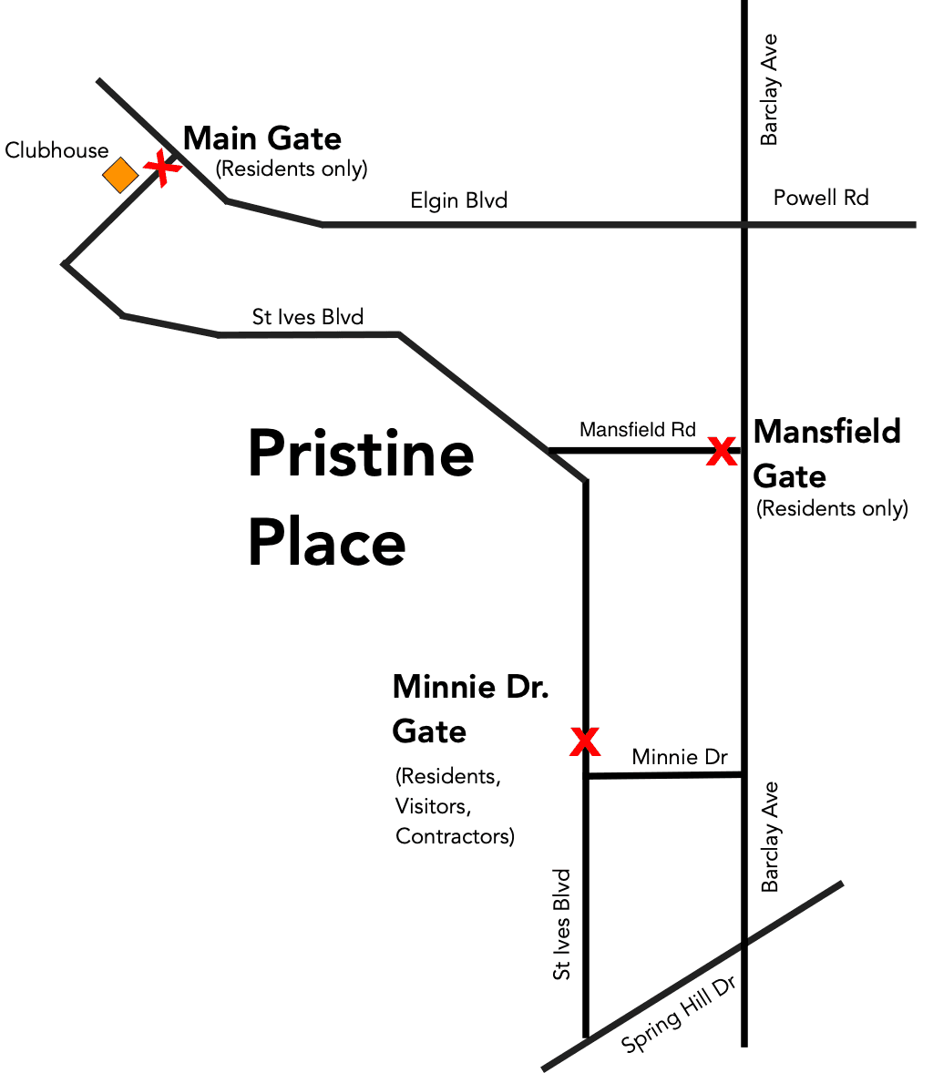 Pristine Place gate location map showing Main Gate, Mansfield Gate, and Minnie Dr. Gate